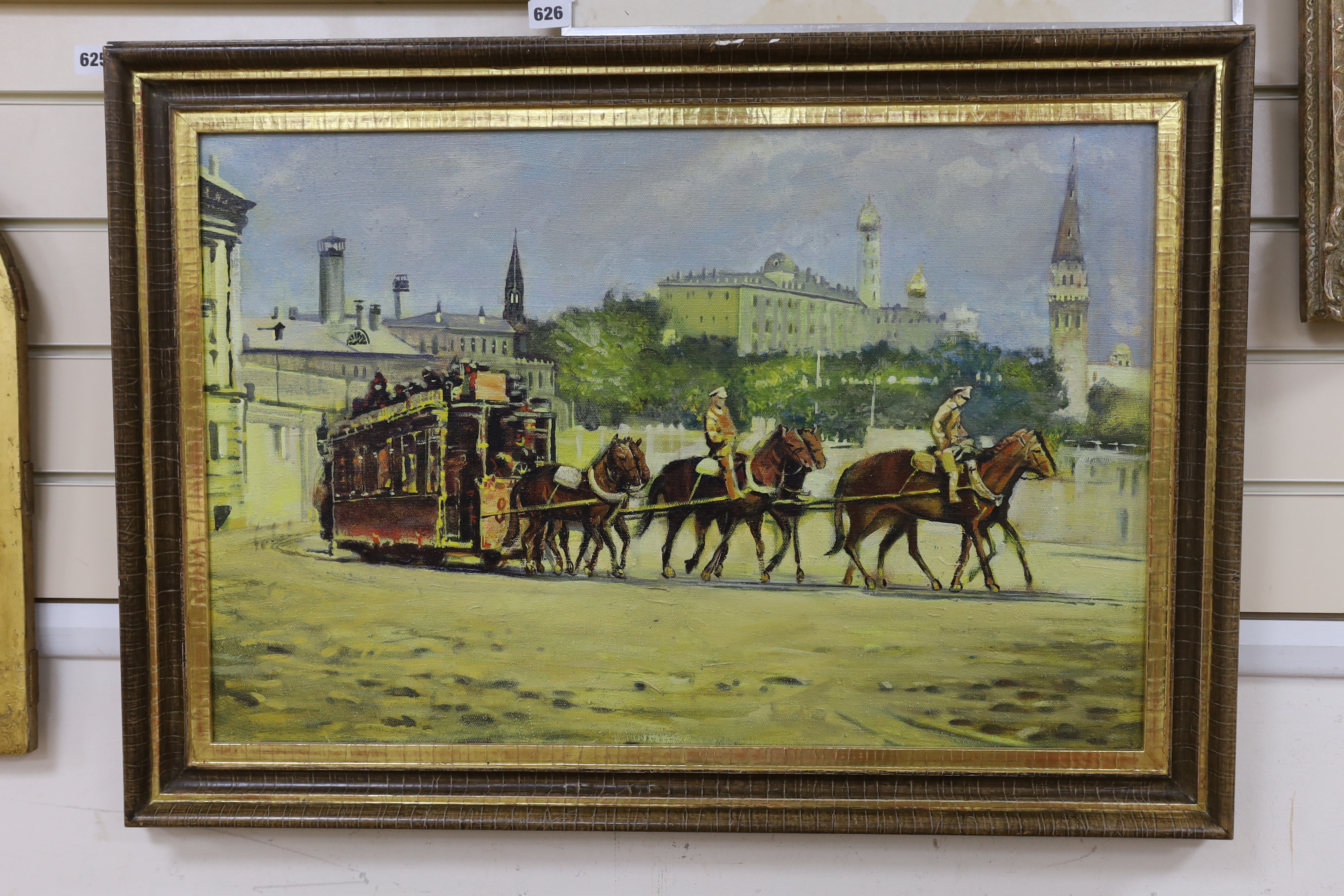 Vorokov, oil on canvas, Horse drawn tram in a Russian city, inscribed verso, 46 x 71cm